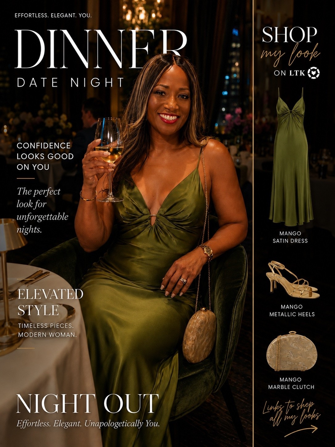 Dinner dates just hit different in satin. This olive green @Mango dress is effortlessly elegant with the perfect touch of drama, and the metallic heels gave the whole look that luxe finish. Proof that you don’t need a black dress to own the room.

#LTKootd #LTKOver40 #LTKMidsize