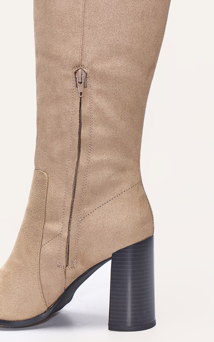 Stone Faux Suede Round Toe High Block Heel Knee High Boots | PrettyLittleThing UK