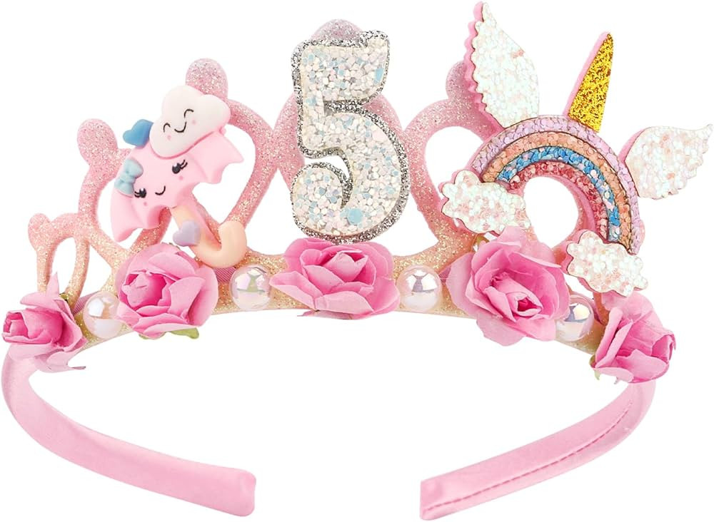SuPoo 5th Birthday Headband - Pink Flower Crown for Girls' 5th Birthday Party - Cute Princess Tia... | Amazon (US)