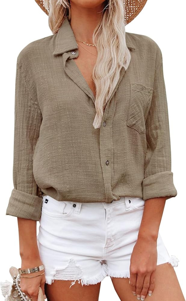 Womens Button Down Shirts Cotton Dress Shirt Long Sleeve Oversized Boyfriend Solid Tunic Tops wit... | Amazon (US)