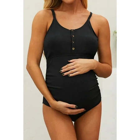 Ribbed Spaghetti Strap One-Piece Maternity Swimsuit | Walmart (US)
