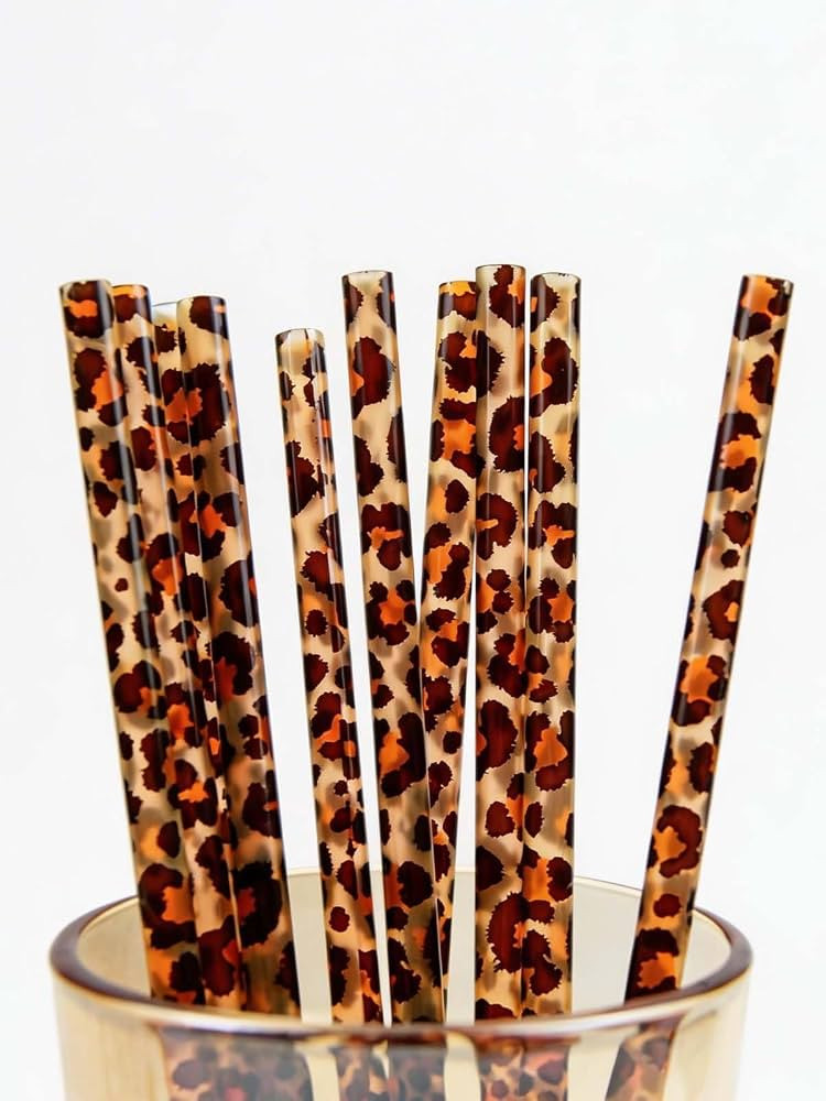 10 Pcs Reusable Leopard Straws Hard Plastic Drinking Straw and Cleaning Brush Leopard Print Anima... | Amazon (US)
