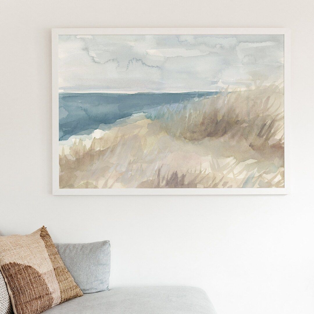 Coastal Watercolor Painting Beachscape Artwork Seascape Neutral Blue and Beige Beach House Wall A... | Etsy (US)