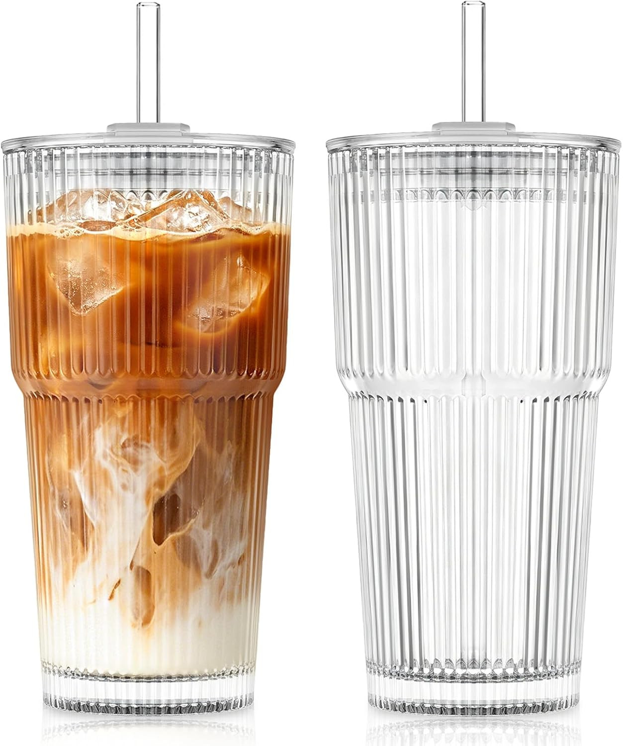 KEMORELA 20oz Ribbed Glass Tumblers with Lids and Straws,Iced Coffee Cups | Amazon (US)