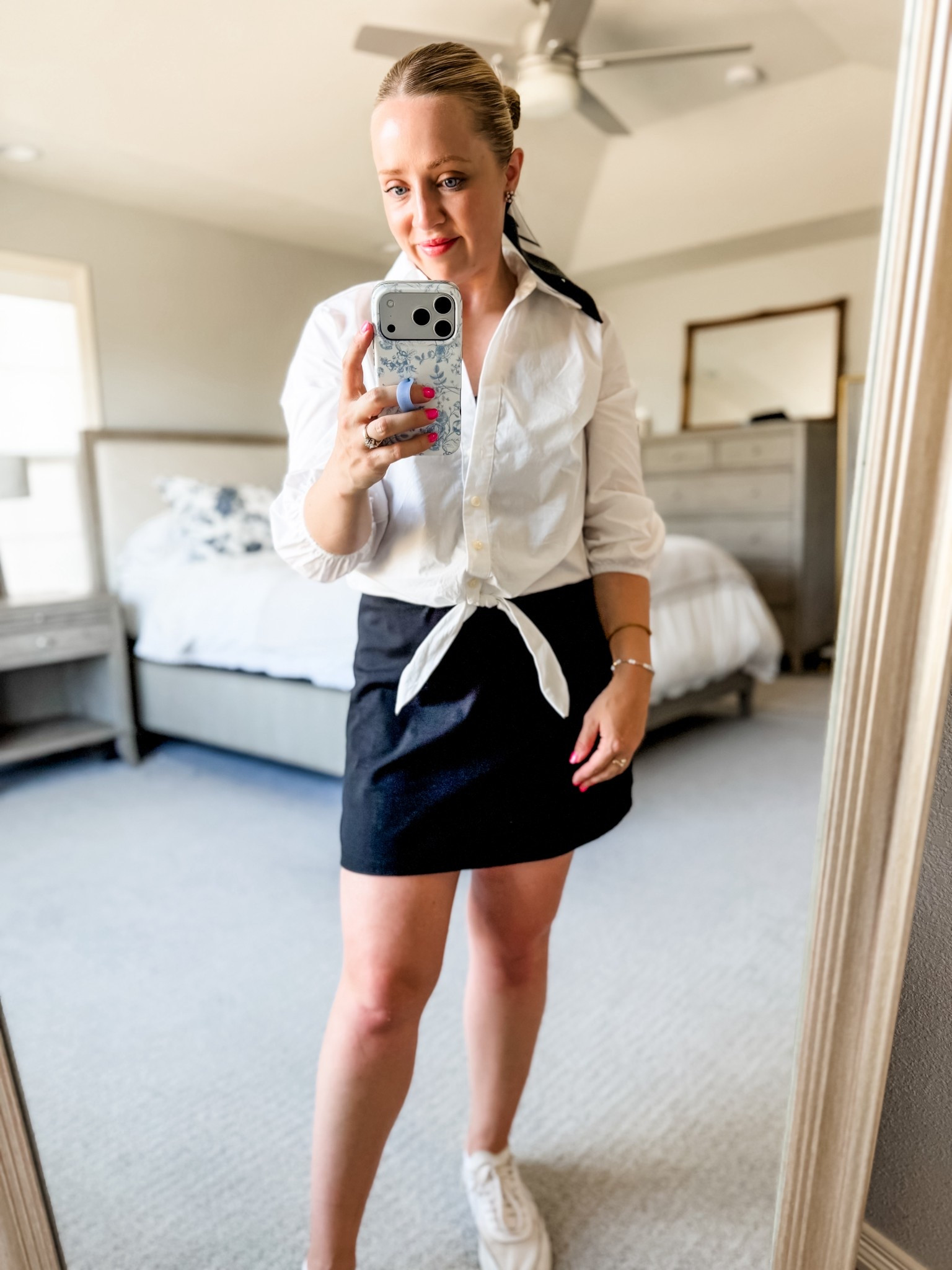 This tie top comes pre tied and in three colors! Sized down to xs. Paired with  black tennis dress and gingham scarf. 

Petite outfit, sports mom, mom outfit, tennis dress, casual outfit, summer outfit 

#LTKmomlife #LTKootd #LTKPetite