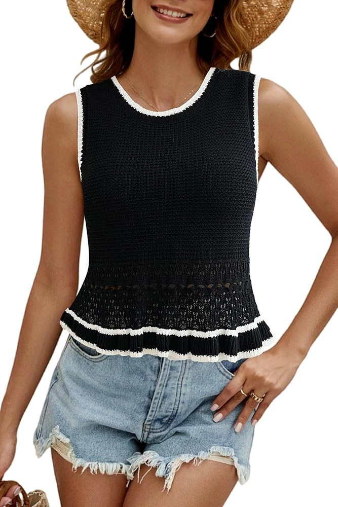 CiCiBird Women Cute Crop Sweaters Vest Knit Sleeveless Pullover Tops Crochet Ruffle Hem Tank | Amazon (US)