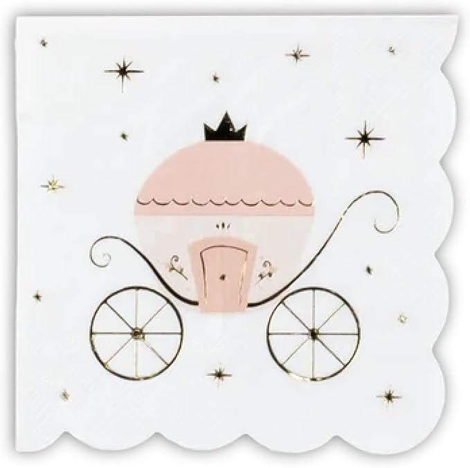 Princess Carriage Cocktail Napkins, Pink and White, Scalloped Edges, Gold Foil Details | Amazon (US)