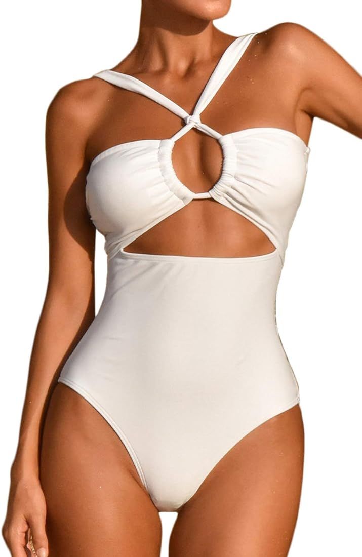 LEISUP Sexy Womens Bandeau Tie Back Cut Out Front High Waist Cheeky Bottom One Piece Swimsuit | Amazon (US)