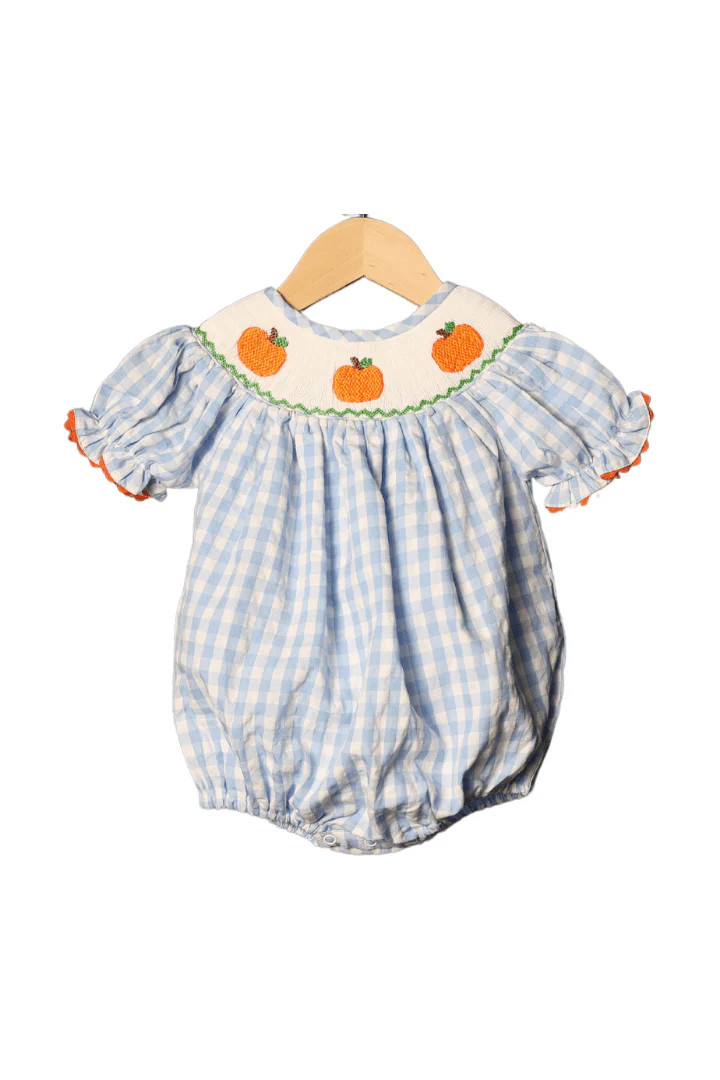 Smocked Pumpkin Blue Seersucker Bubble | The Smocked Flamingo