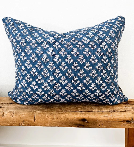 Blue Floral Block Print Pillow | Etsy | Etsy (US)
