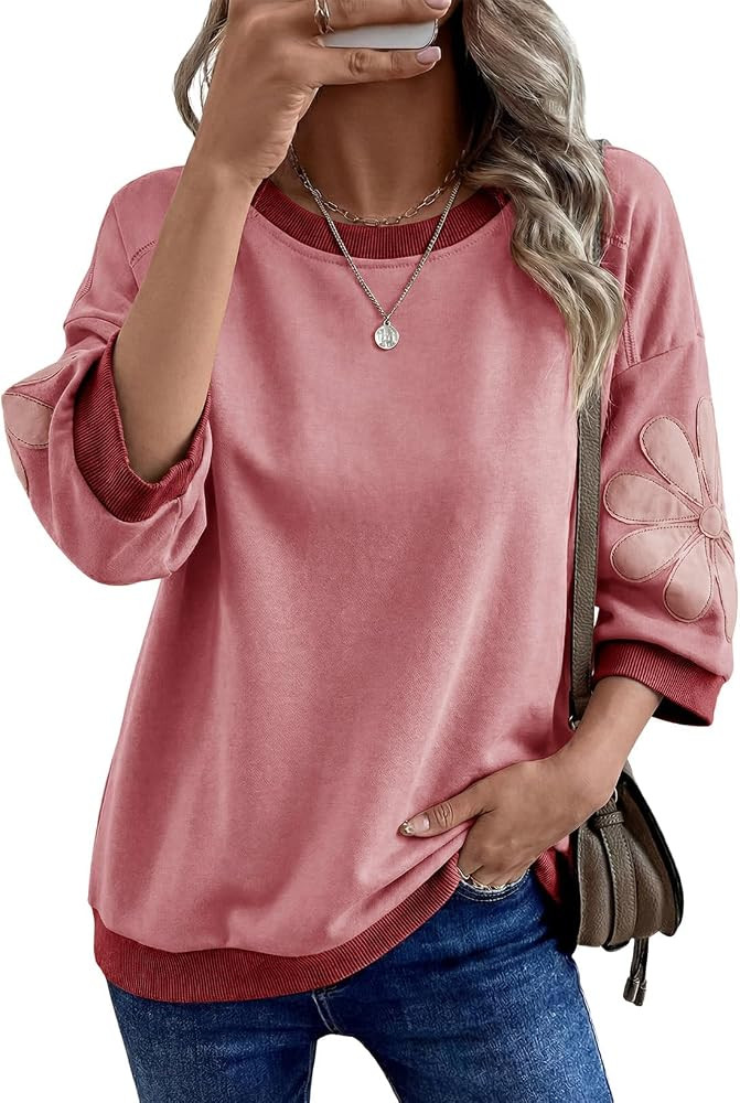 Dokotoo Women's Oversized 3/4 Sleeve Sweatshirt Floral Patch Crewneck Pullover Casual Tops | Amazon (US)