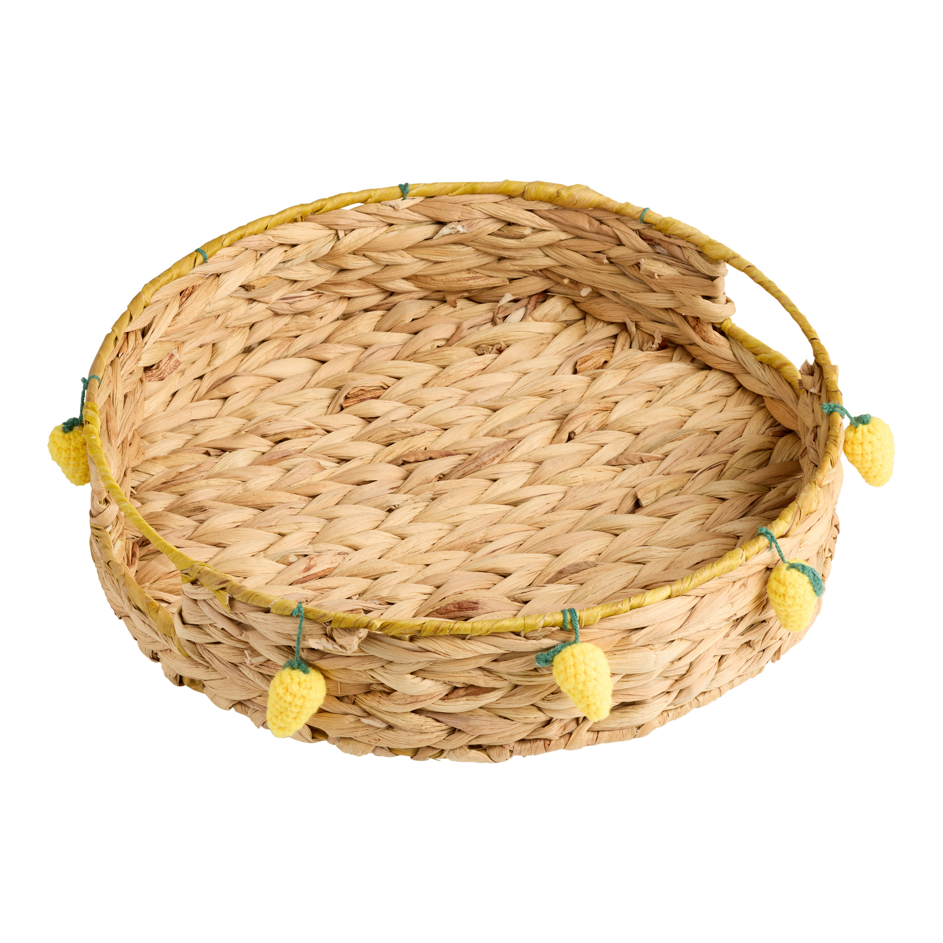 Yellow and Natural Water Hyacinth Crochet Lemon Serving Tray - World Market | World Market
