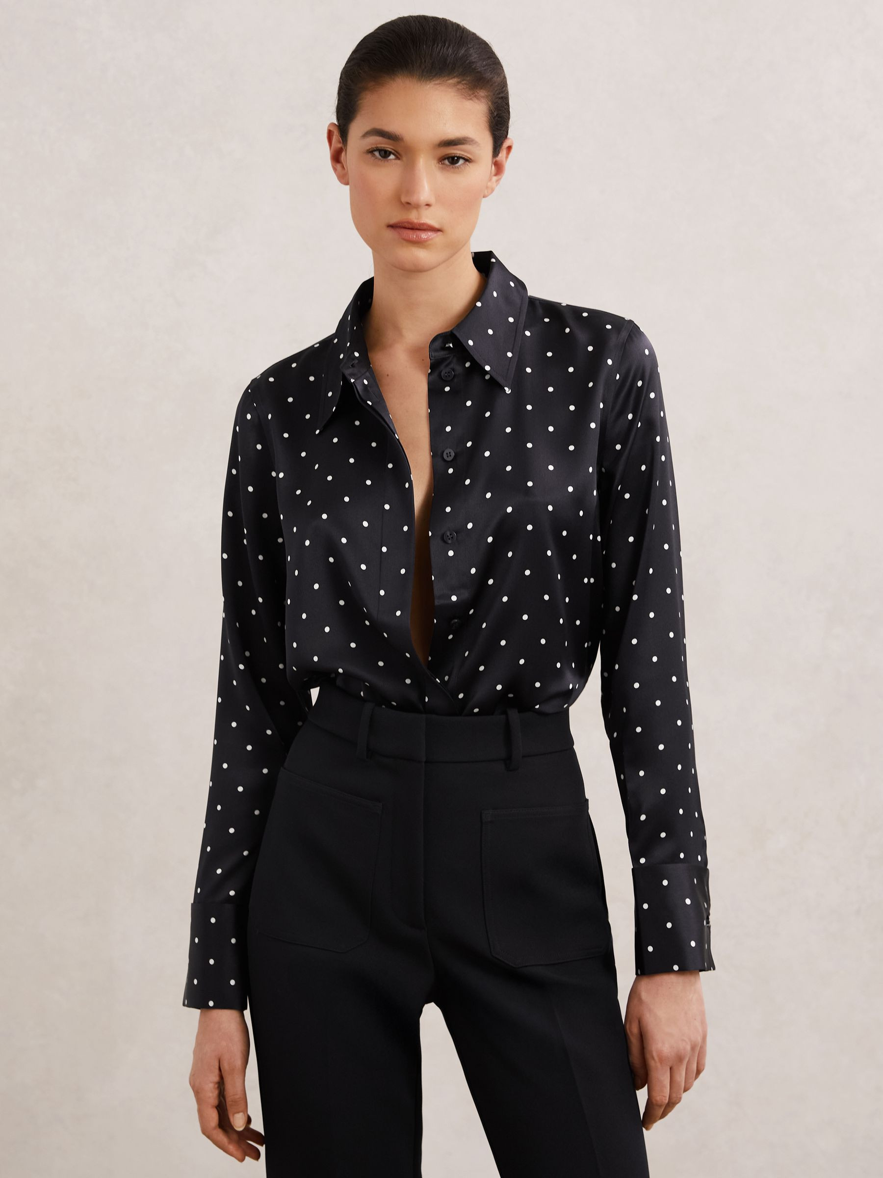Reiss Silk-Satin Concealed-Placket Shirt in Navy polka Dot - REISS | Reiss UK