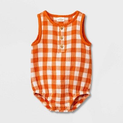 Baby Gingham Gauze Henley Romper - Cat & Jack™ Orange | Target