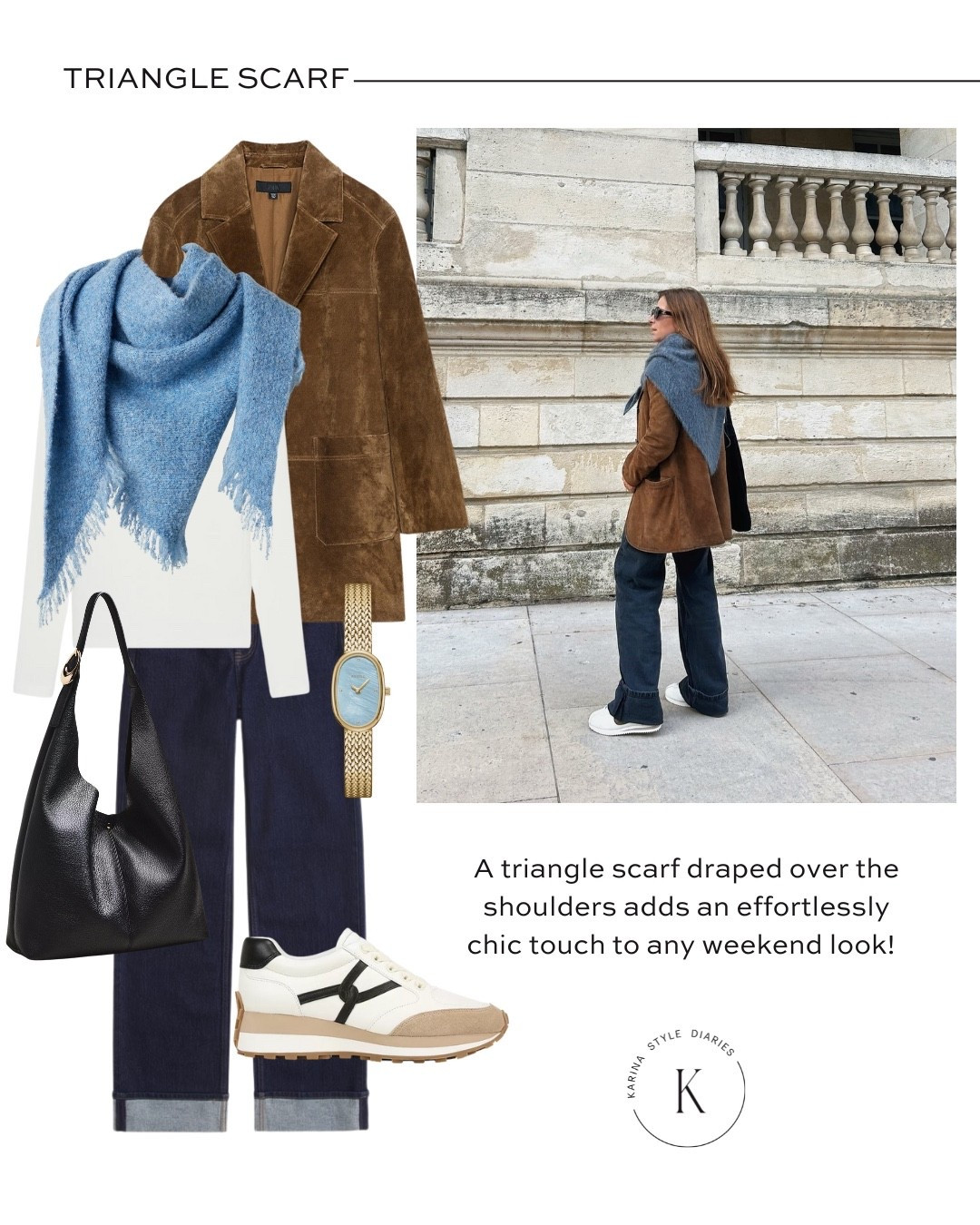 Triangle scarf styled with trending color combinations! 
Suede blazer, blue triangle scarf, mockneck long sleeve, neutral sneakers, cuffed wide leg jeans

#LTKFindsUnder100 #LTKootd #LTKTravel
