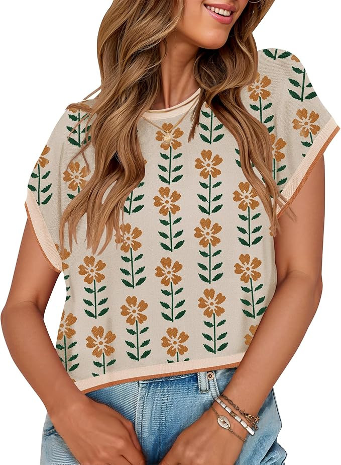 ZESICA Womens Floral Sweater Vest Summer Short Sleeve Crew Neck Cute Loose Knit Tops 2026 Trendy ... | Amazon (US)