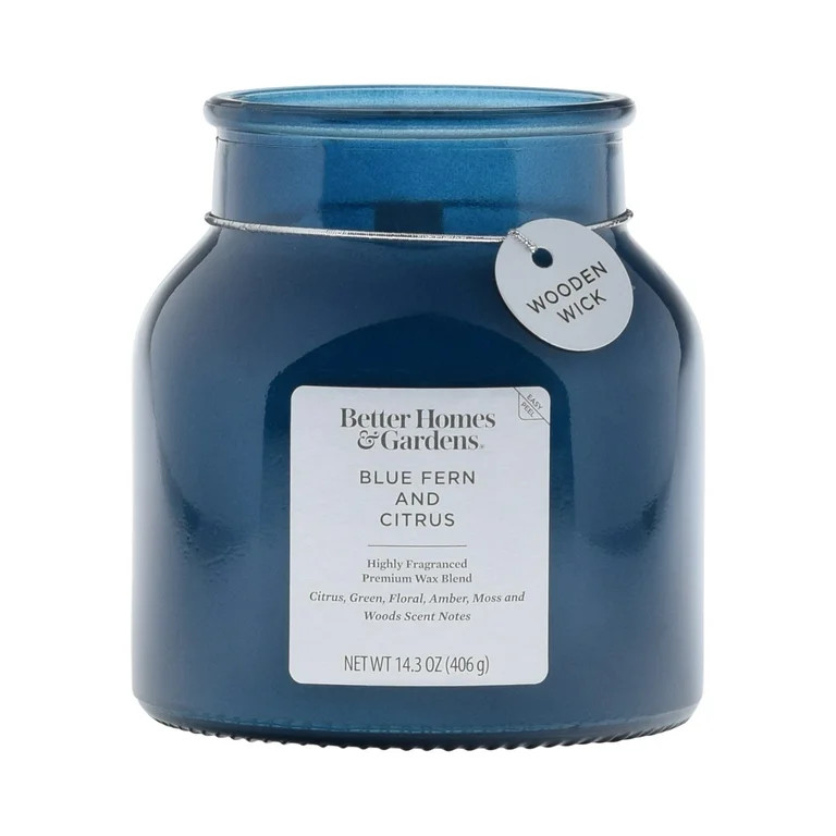 Better Homes & Gardens Blue Fern and Citrus Scented Wooden Wick 14.3oz Jar Candle - Walmart.com | Walmart (US)