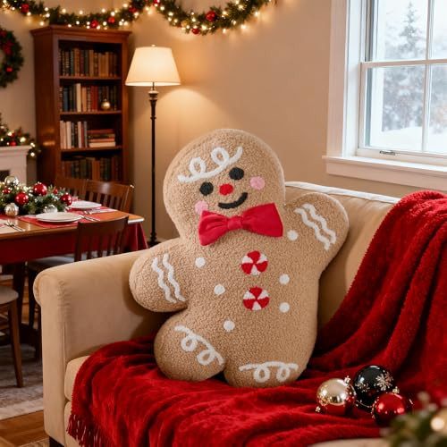 Lanpn Christmas Gingerbread Boy Pillow, Christmas Decoration Winter Throw Pillows Soft Fleece Sherpa Cute 3D Shaped Ginger Bread Man Throw Cushion for Sofa Bedroom Xmas Decor (15.2x18.3 inch) | Amazon (US)