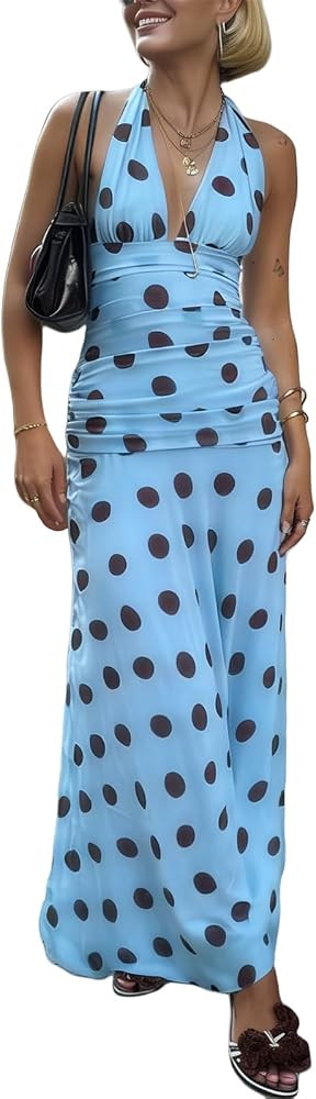 Alyweatry Women Polka Dot Halter Maxi Dress Y2k Sleeveless Deep V Neck Flowy Summer Vacation Beac... | Amazon (US)