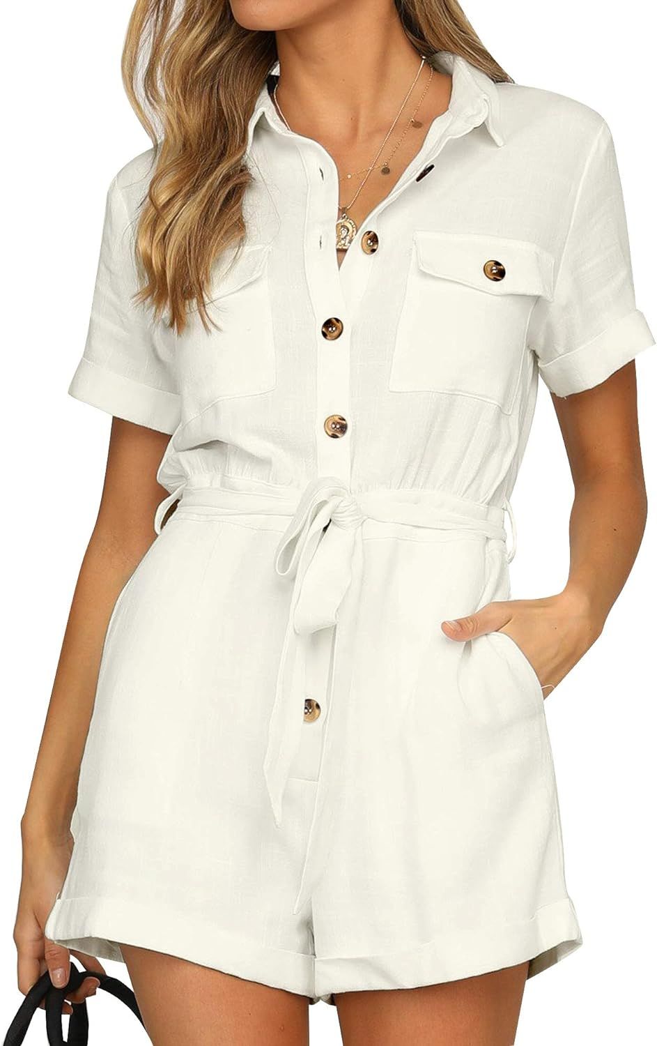 Vetinee Womens Summer Pocket Belted Romper Button Short Sleeve Jumpsuit Playsuit | Amazon (US)