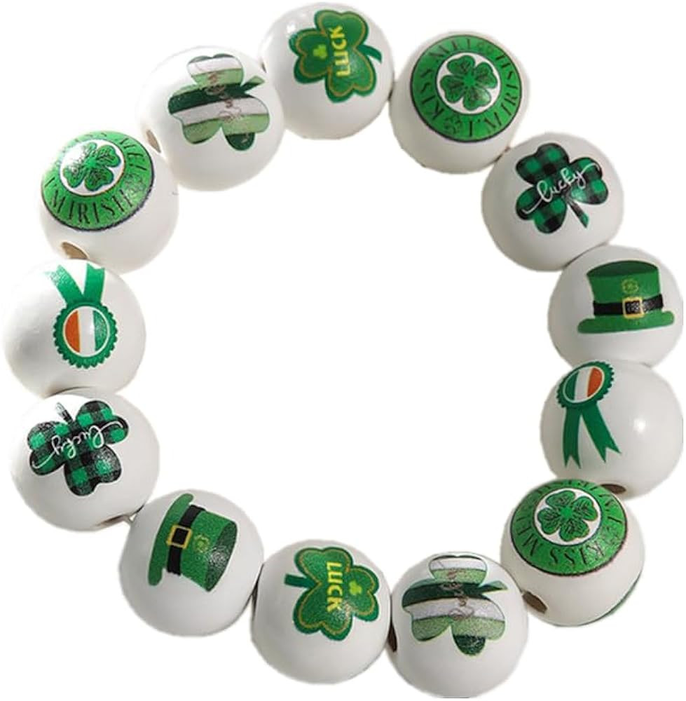 St. Patrick's Day Cute Wooden Beads Bracelet Set Handmade Dwarf Hat Irish Shamrock Wooden Green C... | Amazon (US)