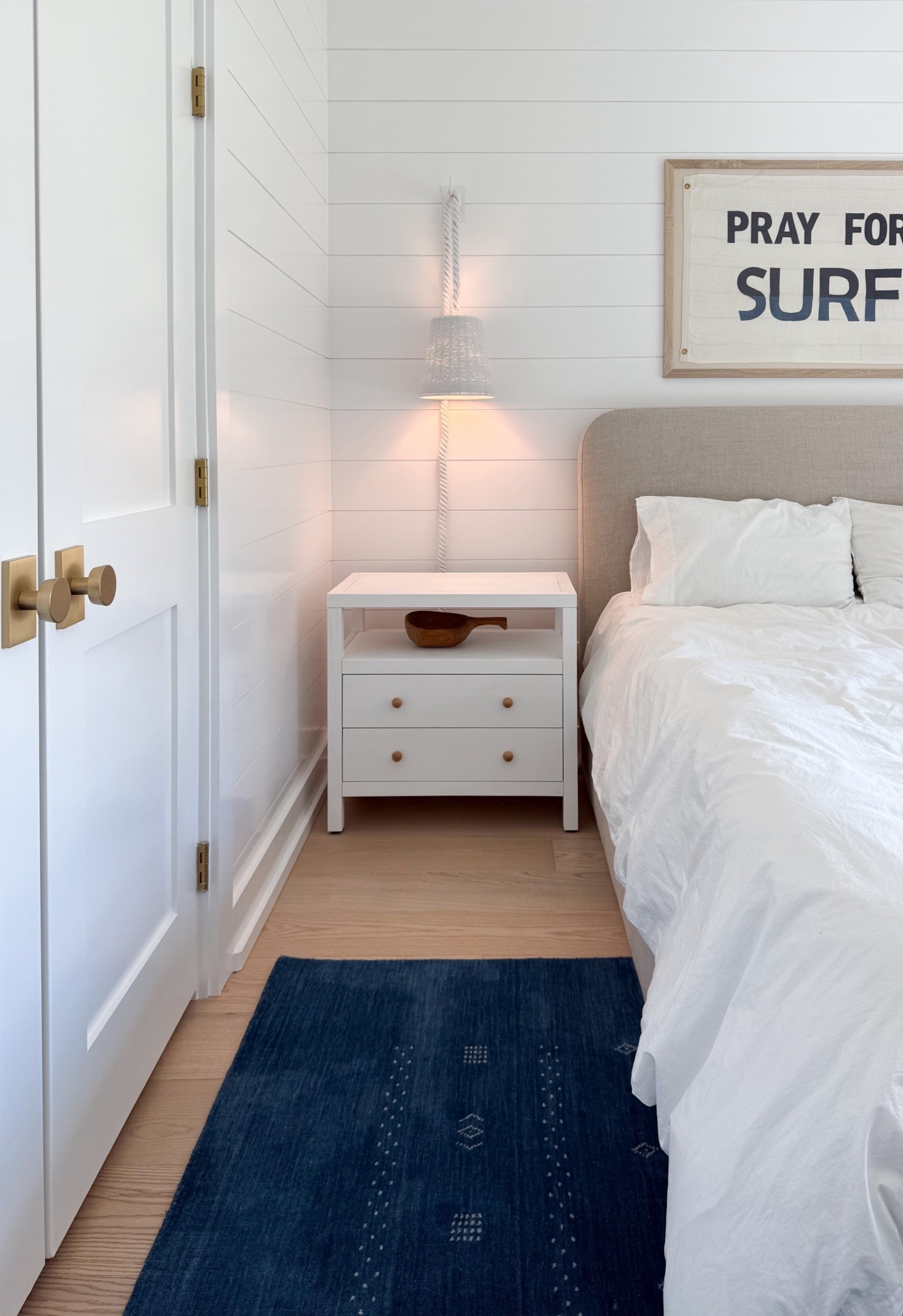 Swapped the knobs on the nightstands. Art is from
bird & bell (not linkable). Bed in color flax  