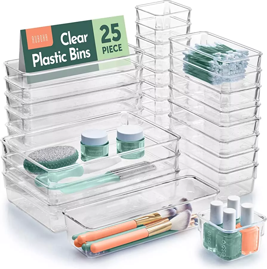 Ruboxa 25 Pcs Clear Plastic Drawer Organizers for Home Organization