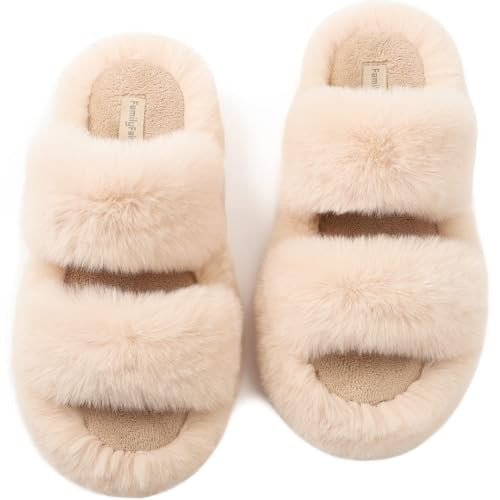 FamilyFairy Women's Fluffy Faux Fur Slippers Comfy Open Toe Two Band Slides with Fleece Lining and Rubber Sole(9-10, Beige) | Amazon (US)