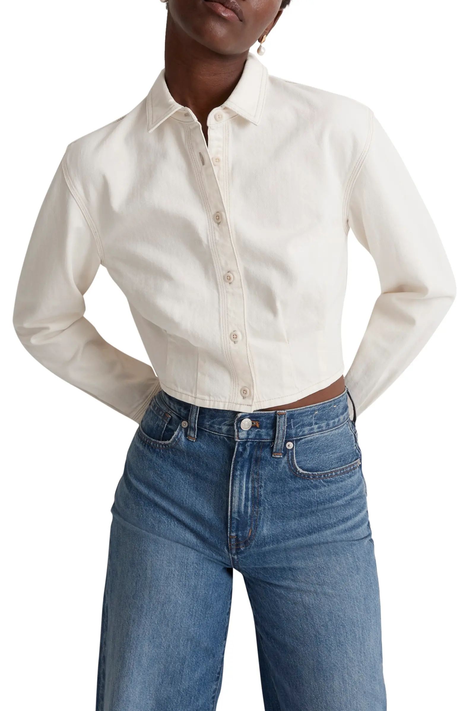 Denim Pleated Crop Button-Up Shirt | Nordstrom