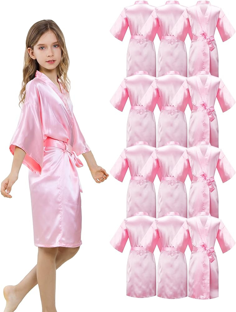 12 Pieces Girls Kids Silky Satin Solid Color Short Kimono Robes for Wedding Birthday Party Spa | Amazon (US)