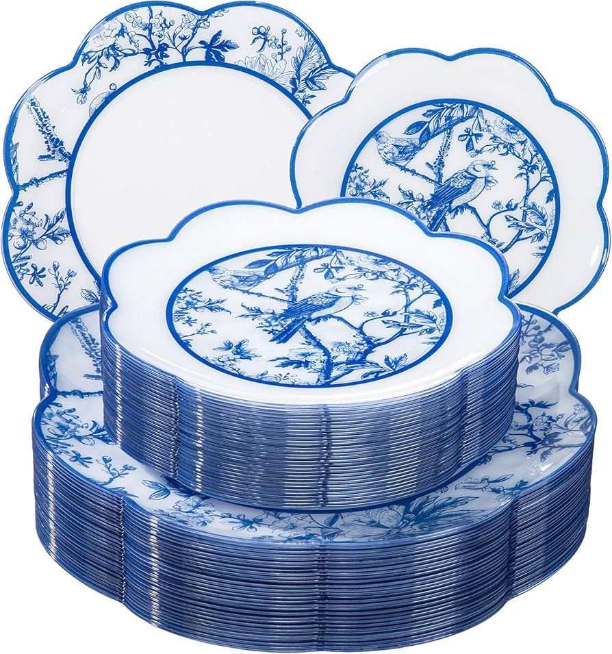 LIYH 60 Pcs Blue Plastic Plates Set - Heavy Duty Floral and White Plastic Plates for Party Weddin... | Amazon (US)