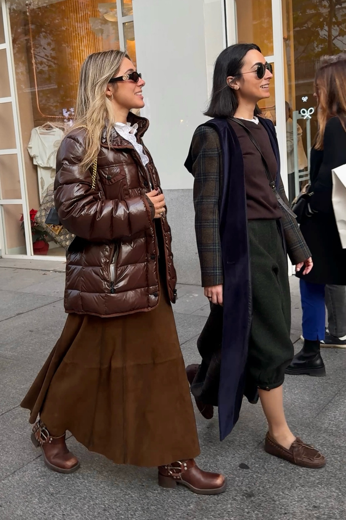 Left:
Jacket - Moncler 
Shirt - Sessun 
Skirt - Massimo Dutti 
Belt - IQ collection 
Boots - Miu Miu 
Bag - Gucci

Right:

Coat - Byan
Sweater - Uniqlo 
Pants - Maria de la Orden 
Shoes - Zara 
Bag - Loewe