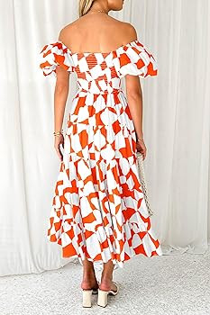 PRETTYGARDEN Women's 2024 Summer Boho Midi Dress Off Shoulder Puff Sleeve Print Smocked Ruffle Be... | Amazon (US)
