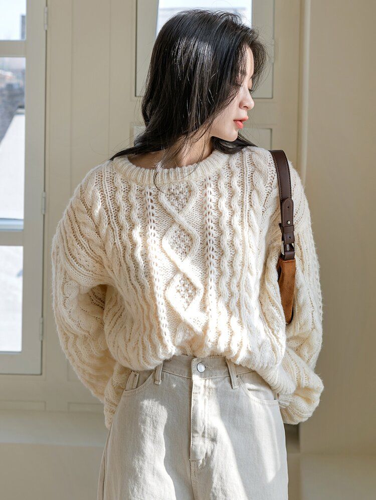 Dazy-Less Cable Knit Drop Shoulder Sweater | SHEIN