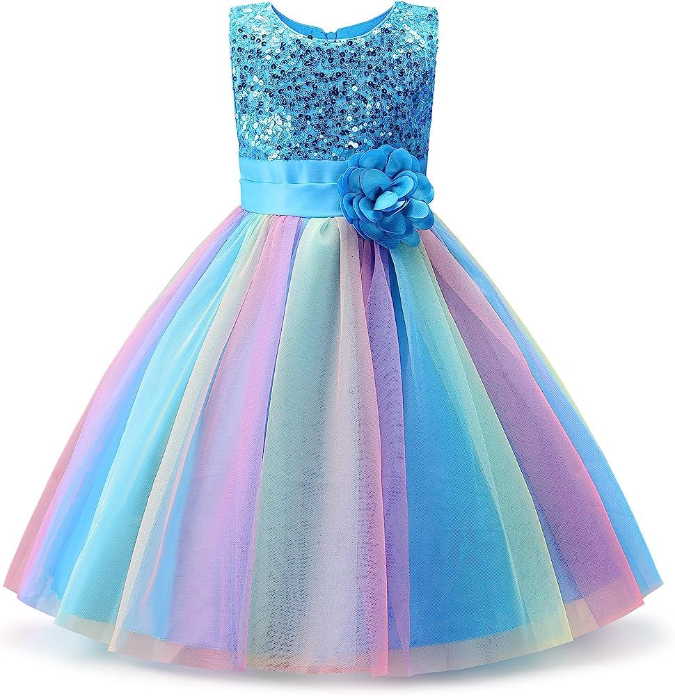Uhnice Little Girl's Sequin Sleeveless Mesh Rainbow Dress for Wedding Party | Amazon (US)
