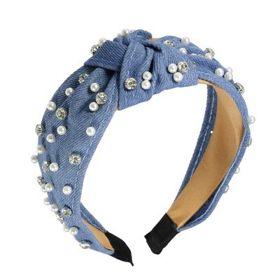 Unique Bargains Women's Pearly Rhinestones Crystal Knotted Headband Sky Blue 1 Pc | Target