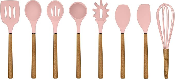 Country Kitchen Silicone Cooking Utensils, 8 Pc Kitchen Utensil Set, Easy to Clean Wooden Kitchen... | Amazon (US)