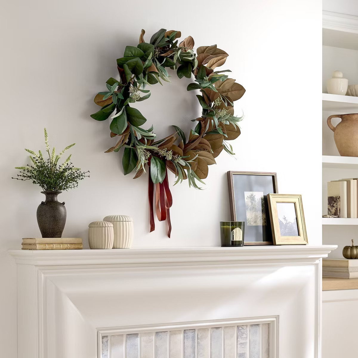 XL Magnolia and Olive Artificial Wreath with Ribbon Brown - Threshold™ designed with Studio McG... | Target