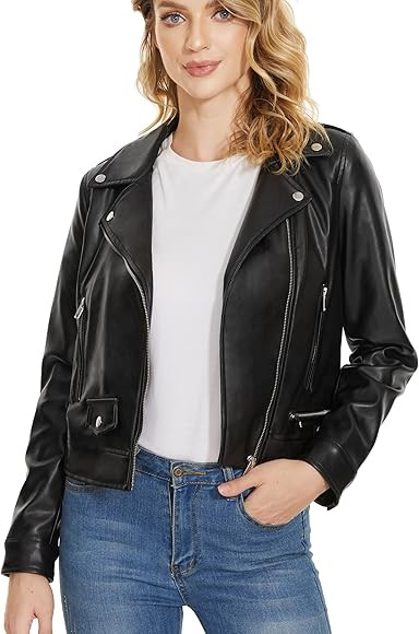 Fahsyee Women Leather Jackets, Faux Motorcycle Plus Size Moto Biker Coat Short Lightweight Vegan ... | Amazon (US)