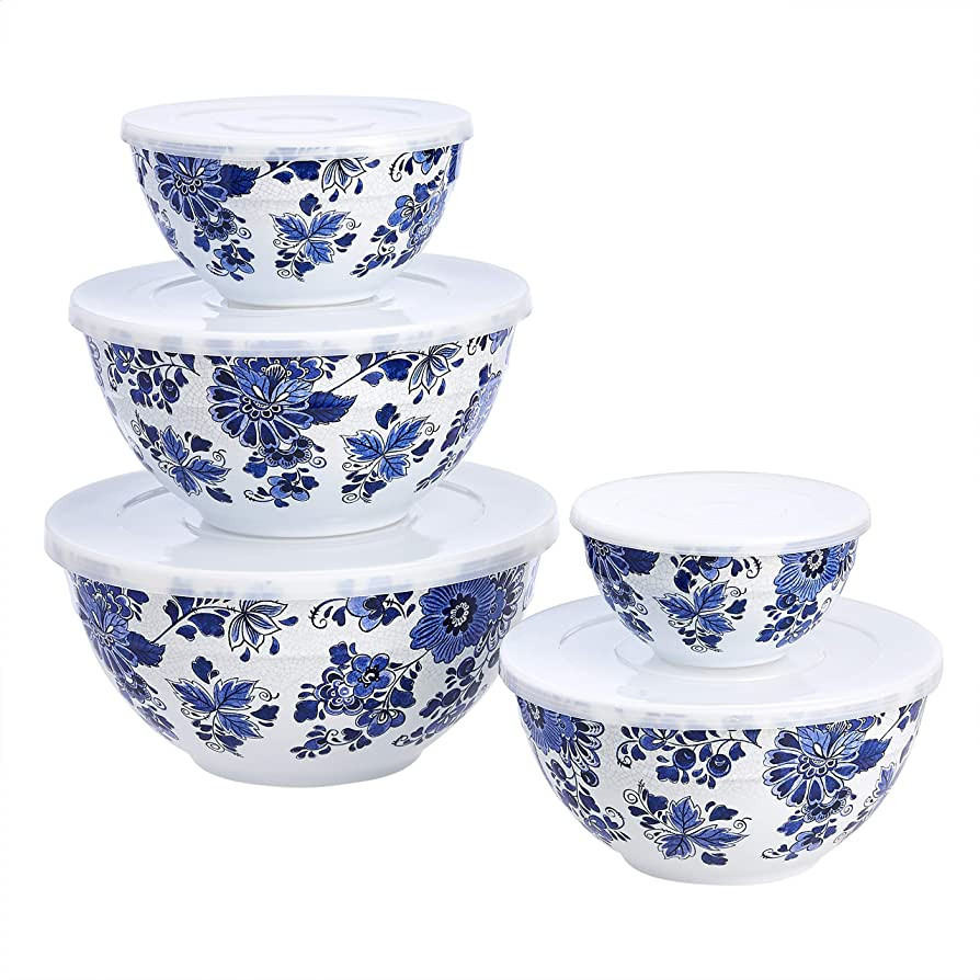 Amazon Basics Nesting Melamine Mixing Bowl with Lid and Non-Slip Base, 5 Sizes, Blue and White Fl... | Amazon (US)