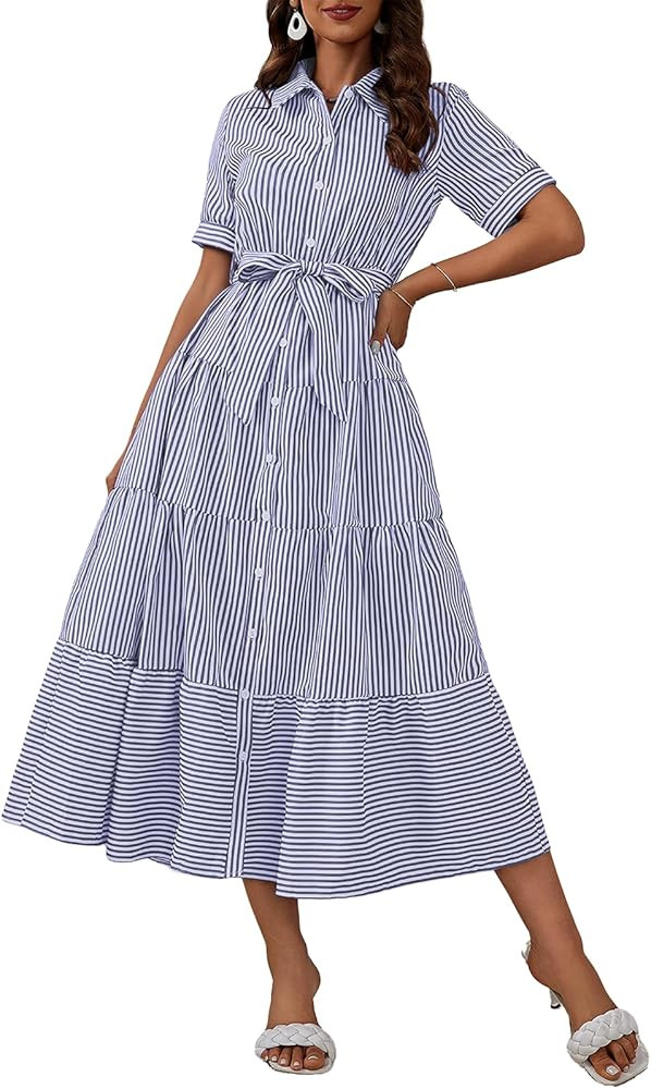 ebossy Women's Boho Striped Shirt Dress Button Down Belted Flowy Ruffles Loose A Line Maxi Long D... | Amazon (US)