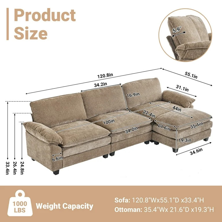 Ktaxon Sectional Sofa L Shaped Couch with Chaise Living Room Sleeper Set, 3 Seats with Chenille a... | Walmart (US)