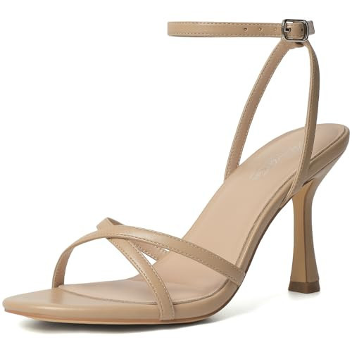 Mostrin Nude Strappy Heels for Women Beige Lace Up Ankle Strap Heels Round Open Toe Stiletto High Heeled Sandals for Prom, Party, Daily Wedding Bridal Shoes Size 7 | Amazon (US)