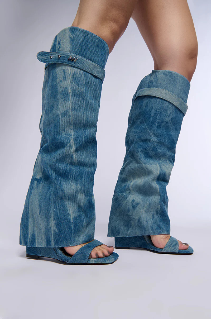 AZALEA WANG MARIETTA FOLD OVER OPEN TOE SANDAL BOOT IN TIE DYE DENIM | AKIRA