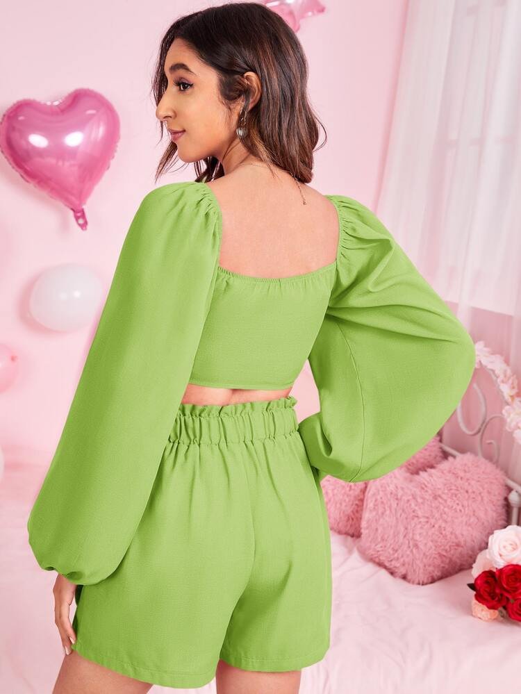 SHEIN Knot Front Lantern Sleeve Crop Top & High Waist Shorts Set | SHEIN