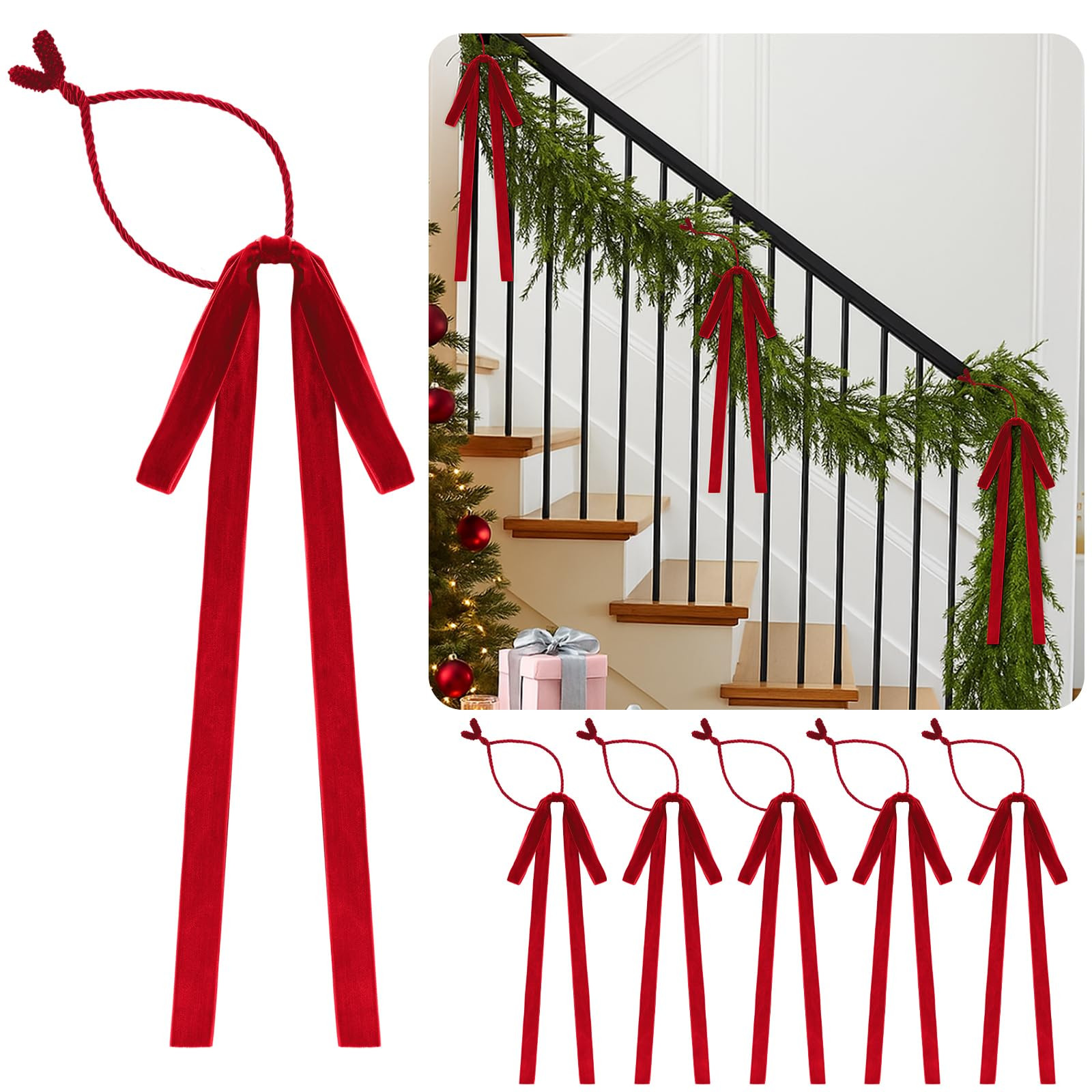 Dingion 16 Pcs Red Velvet Bow Christmas Garland Ties for Banister Xmas Swag Bow Ribbon Decor Stai... | Amazon (US)