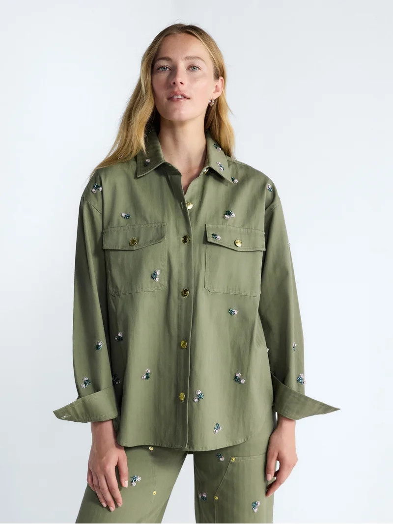 Free Assembly Women's and Women's Plus Embellished Cotton Utility Shirt with Long Sleeves, Sizes ... | Walmart (US)