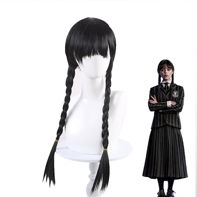 JieJieko Long Black Straight Braided Wig for Wednesday Addams, Wednesday Addams Costume Braids Ha... | Amazon (US)