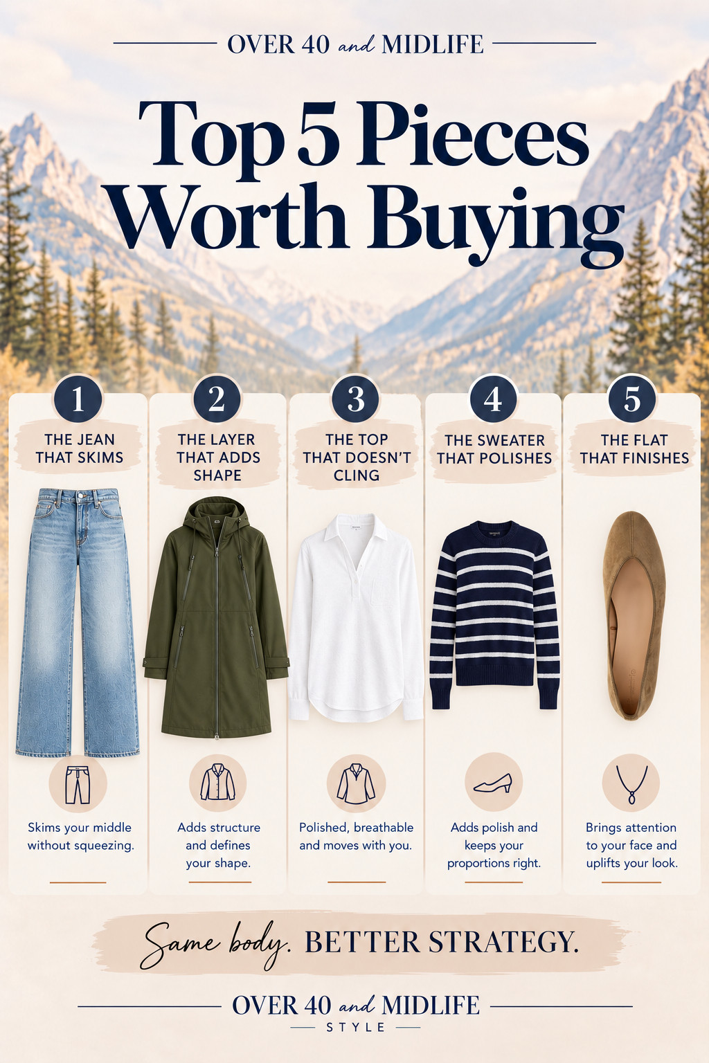  ✨Tap the bell, save and ❤️ start here 40 fashion, midlife style, midsize fashion and luxury looks for less. 
 
If you’re buying five pieces for fall, start with the ones that make getting dressed easier. 🤍

Wide leg jeans that skim. An olive layer that adds shape. A white top that doesn’t cling. A striped sweater that pulls an outfit together. And suede flats that finish the look.

Same body. Better strategy. 

👑 Helping you look good, feel good! — Lindsey Denver 🤍 Check back daily for belly-friendly style, confidence, and Outfit Physics.
 

 #LTKOver40 #LTKMidsize #LTKPlusSize