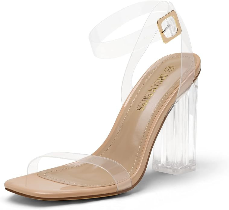 DREAM PAIRS Women's Chunky Clear High Heels Sandals, Rhinestone Ankle Strap Open Square Toe Block... | Amazon (US)